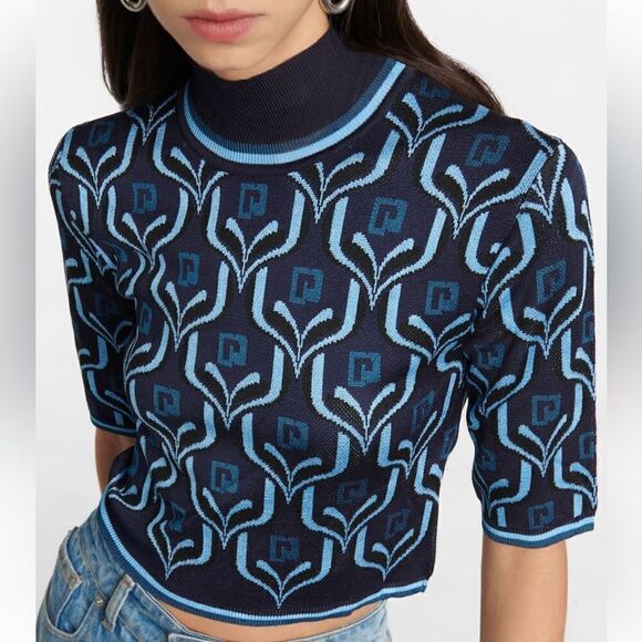 New PACO RABANNE Cropped Turtleneck Knit Top in Blue Jacquard Logo Large - Picture 13 of 16